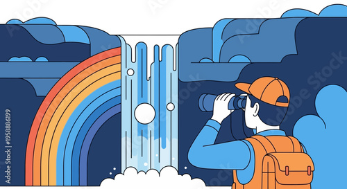 Adventurer Gazes Upon Majestic Waterfall And Vibrant Rainbow