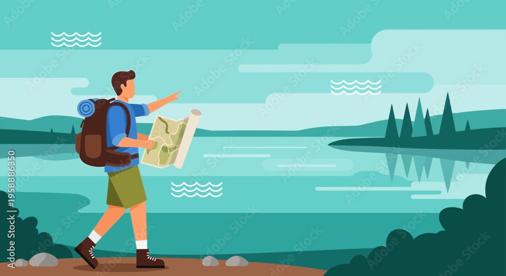 Fototapeta premium Adventure Seeker Navigates Scenic Wilderness With Detailed Map