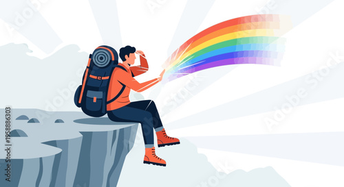 Adventure Seeker Discovering Vibrant Rainbow Inspiration on Mountain Edge