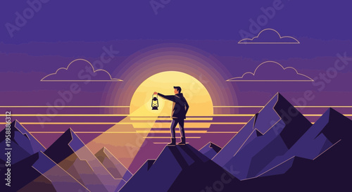 Adventurer Holds Lantern Atop Mountain Peak Against Radiant Sunset