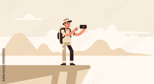 Adventurer Capturing Scenic Vista From Mountaintop With Mobile Device