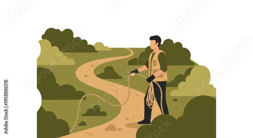 Adventurer Holds Rope On Winding Path Through Lush Wilderness