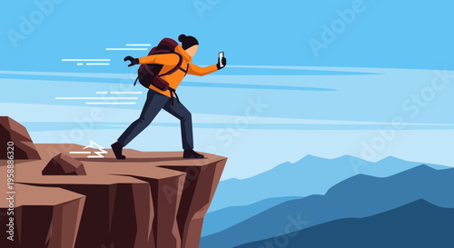 Adventurer Capturing Scenic Vista On Phone From Cliff Edge