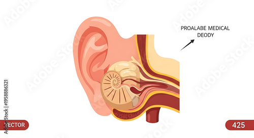 A detailed vector illustration of a human ear anatomy with a medical concept