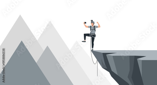 Adventurer Capturing Summit Selfie Extreme Sports Victory On Rocky Cliff Edge