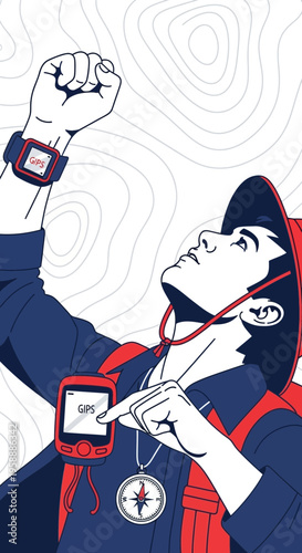 Adventurer Checking GPS Device For Navigation During Outdoor Exploration And Journey