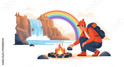 Adventurer Ignites Campfire By Majestic Waterfall Under Vibrant Rainbow