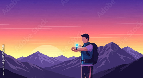Adventurer Checks Smartwatch Atop Majestic Mountain Range At Sunset