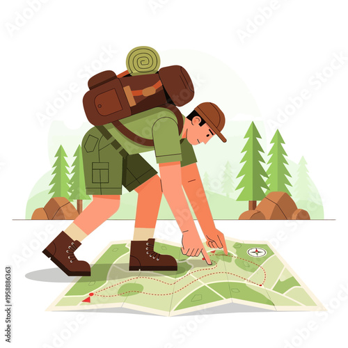 Adventure Seeker Navigates Wilderness Trail With Map And Backpack