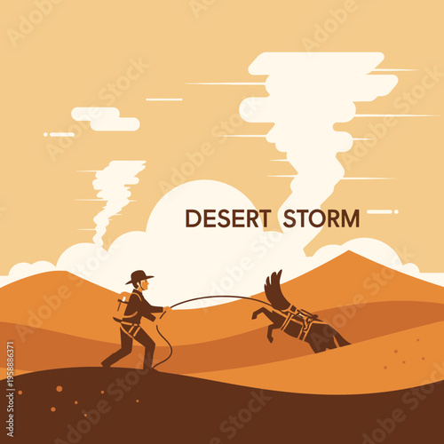 Adventurer Lassoing Horse Amidst Desert Storm Evokes Wild West Spirit
