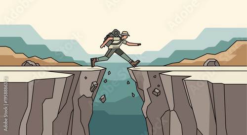 Adventurer Leaping Across A Canyon Abyss With Determination And Courage