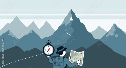 Adventure Seeker Navigating Majestic Mountain Peaks With Compass And Map