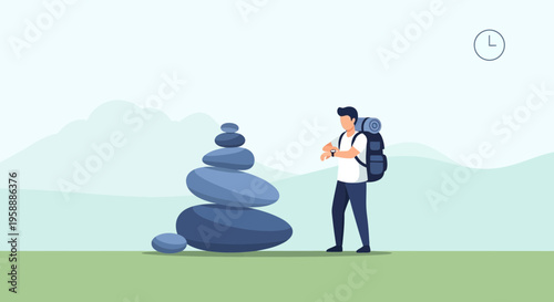 Adventurer Checks Watch By Stacked Stones Amidst Serene Landscape