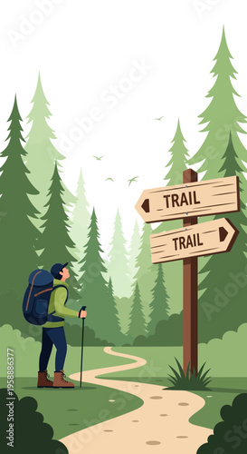 Adventurer Chooses Path At Forest Trailhead Signpost