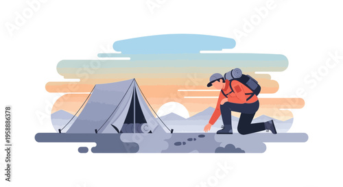 Adventurer Inspects Tracks Near Campsite At Sunrise Minimalist Illustration