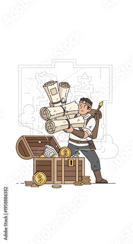 Adventurer Loads Treasure Chest With Ancient Scrolls And Gold Coins