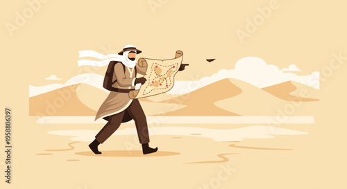 Adventurer Navigates Arid Landscape With Ancient Treasure Map