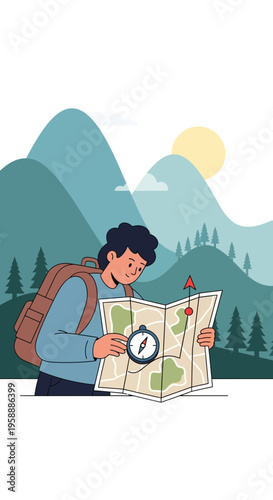 Adventure Seeker Navigating Scenic Mountainous Terrain With Detailed Map And Compass