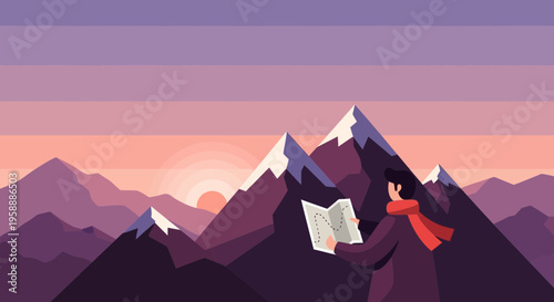 Adventurer Consults Map Amidst Majestic Mountain Sunrise