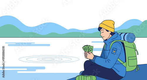 Adventurer Contemplates Finances Beside Serene Waters