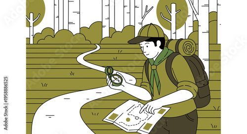 Adventurer Navigating Forest Path With Compass And Map Guidance