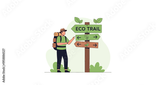 Adventurer Navigating Eco Trail Signpost In Lush Green Environment