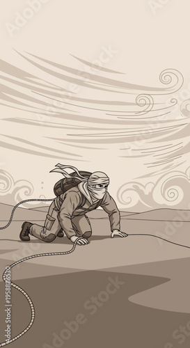 Adventurer Crawling Through Desert Storm Seeking Sanctuary