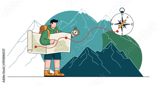 Adventurer Navigating Mountains With Map And Compass For Journey