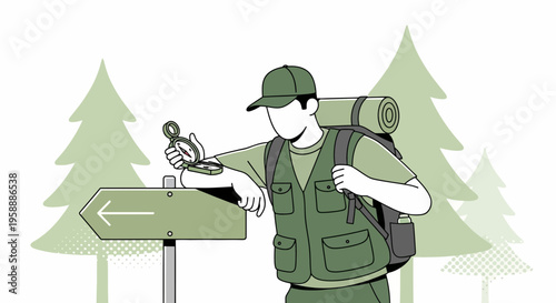 Adventurer Navigating Nature With Compass And Directional Sign