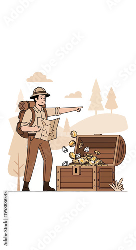 Adventurer Discovering A Treasure Chest Full Of Gold Coins In A Forest Setting