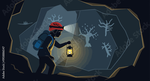 Adventurer Discovering Ancient Cave Paintings With Lantern