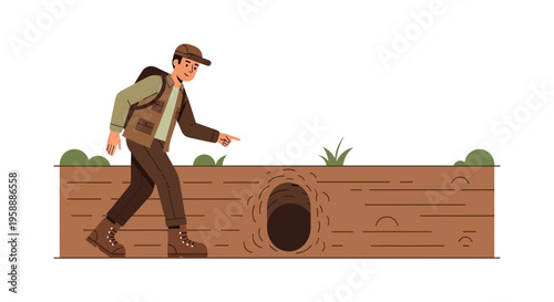 Adventurer Discovering Animal Burrow in Forest Floor