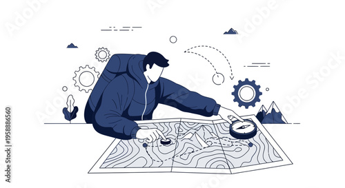 Adventurer Navigating Terrain With Compass And Detailed Map For Expedition