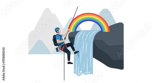 Adventurer Rappelling Down Waterfall With Rainbow Scenic Journey