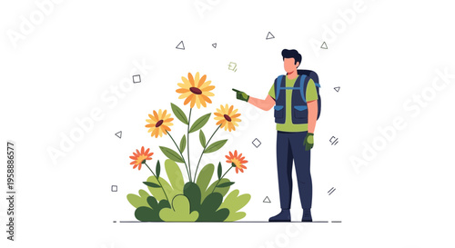 Adventurer Discovering Vibrant Wildflowers in a Natural Setting