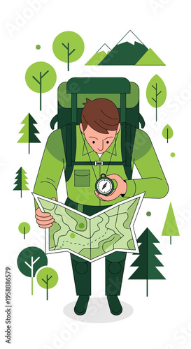 Adventurer Navigating Wilderness With Compass And Detailed Map Illustration
