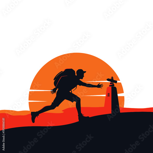 Adventurer Reaching Summit Landmark at Vibrant Sunset Sky