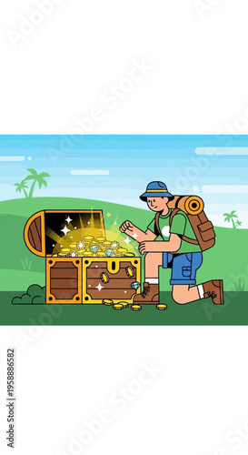 Adventurer Discovers Hidden Treasure Chest Filled With Gleaming Gold Coins Outdoors