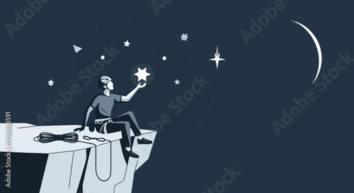 Adventurer Reaches For Celestial Prize Under Starry Night Sky