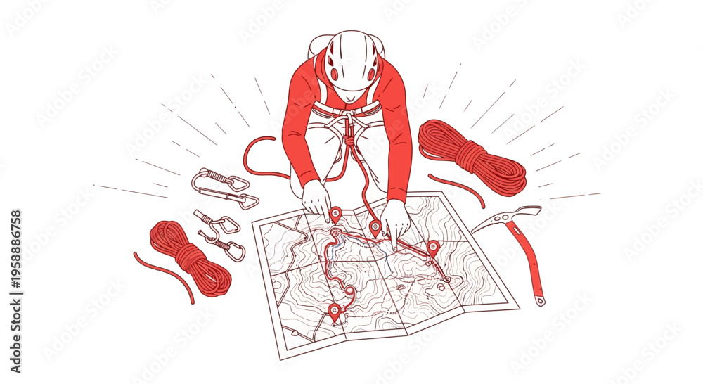 Obraz premium Adventurer Plans Expedition Route Using Map And Climbing Gear