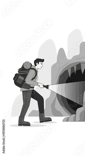 Adventurer Explores Mysterious Cave Entrance With Bright Flashlight Beam Illuminating Dark Interior