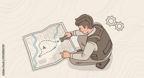 Adventurer Planning Expedition Route Using Map and Flashlight