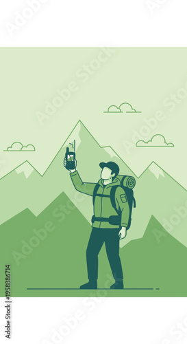 Adventurer Seeking Signal On Mountain Summit With Radio Communication Device