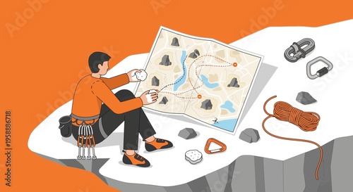 Adventurer Planning Expedition Using Map With Climbing Gear And Scenic Route