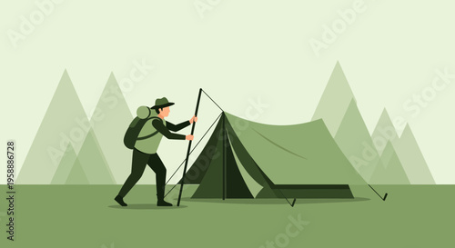 Adventurer Setting Up Camp Amidst Serene Mountain Peaks