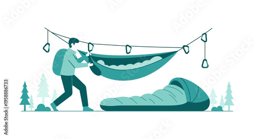 Adventurer Setting Up Camp Hammock And Sleeping Bag In Wilderness