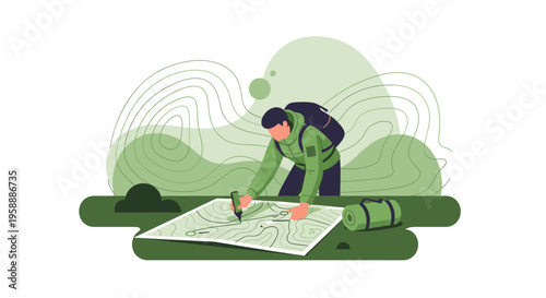 Adventurer Planning Expedition With Map And Compass For Outdoor Exploration