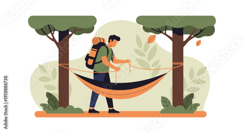 Adventurer Setting Up Hammock Between Trees For Outdoor Relaxation