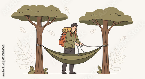 Adventurer Setting Up Hammock Between Two Trees For Relaxing Outdoors