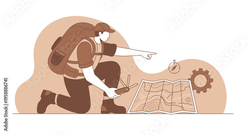 Adventurer Planning Expedition With Map And Compass Illustrative Style